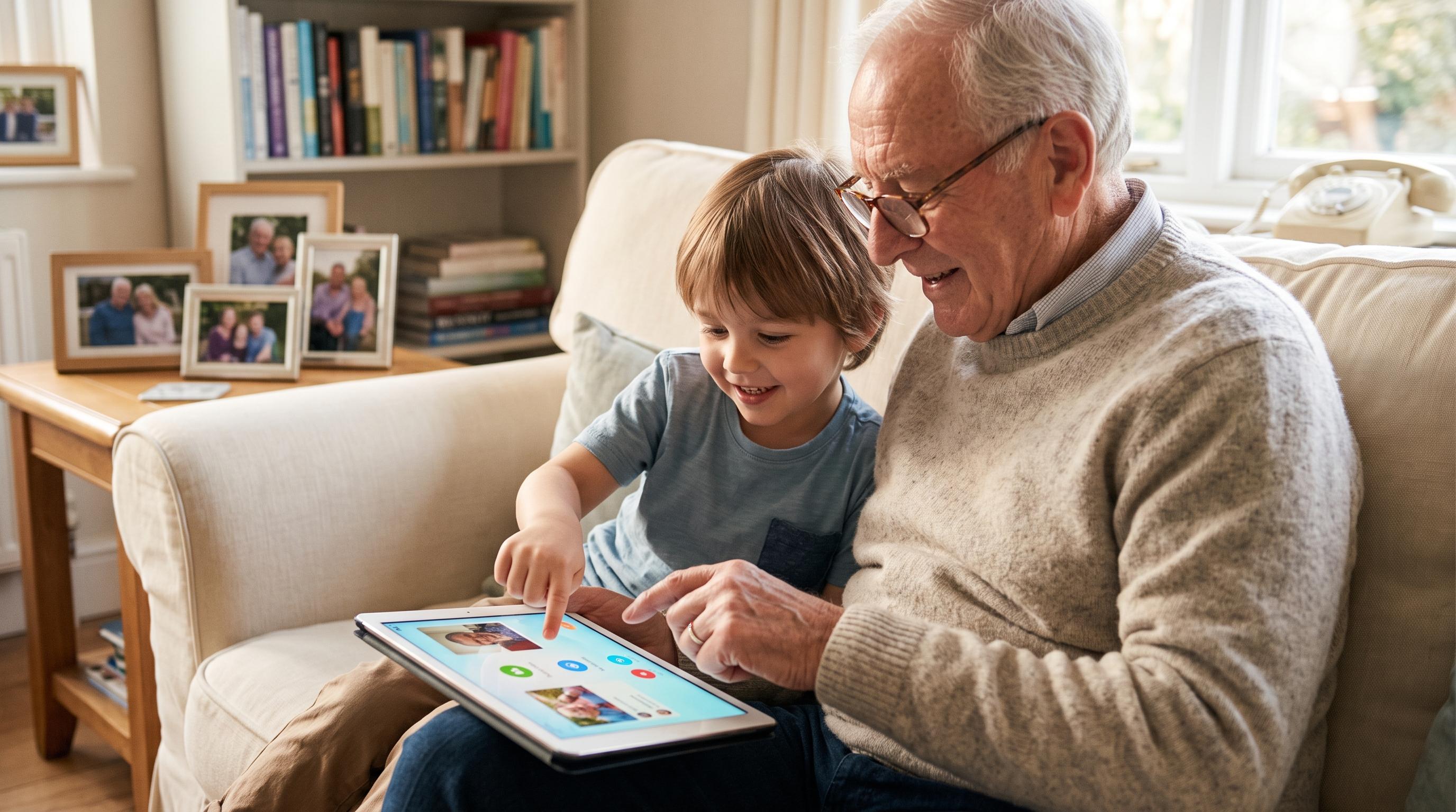 Grandparent and grandchild using a tablet together at home